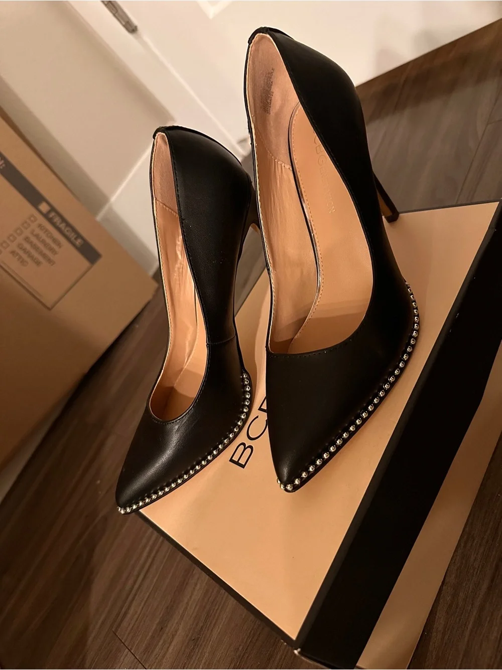 BCBGeneration Black Pointed Toe Stud-Trim Pumps